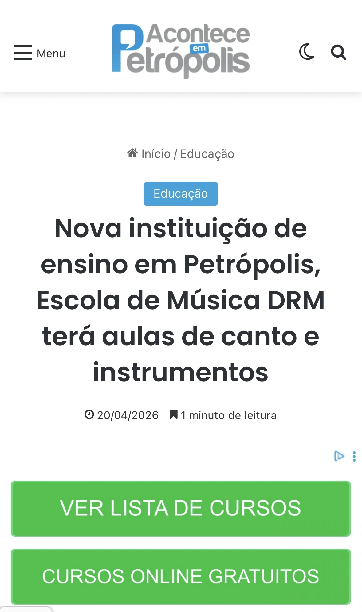 Captura do portal Acontece em Petrópolis