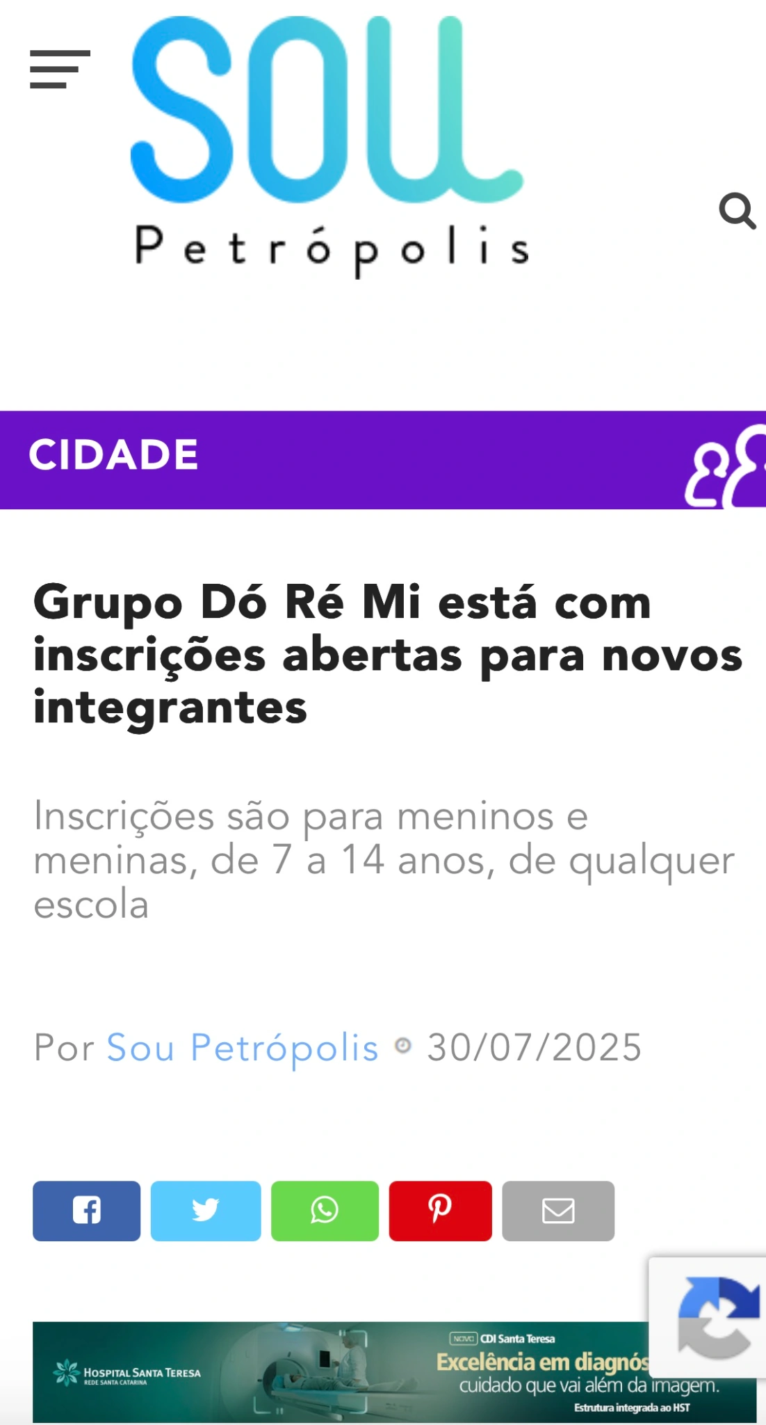 Captura de matéria do Sou Petrópolis